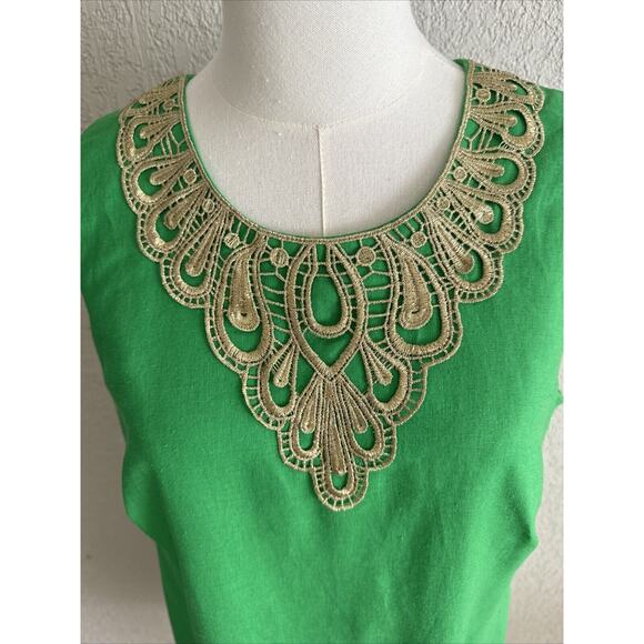 Linen Cocktail Formal Dress Midi Green Gold Embroidered Size 14 Zipper Back Rare - Picture 5 of 14